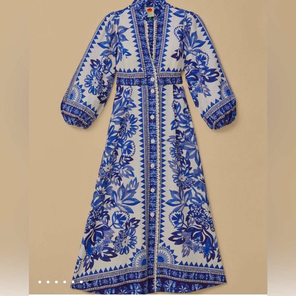 FARM Rio Flora Tapestry Blue and Off White Long Sleeve maxi dress